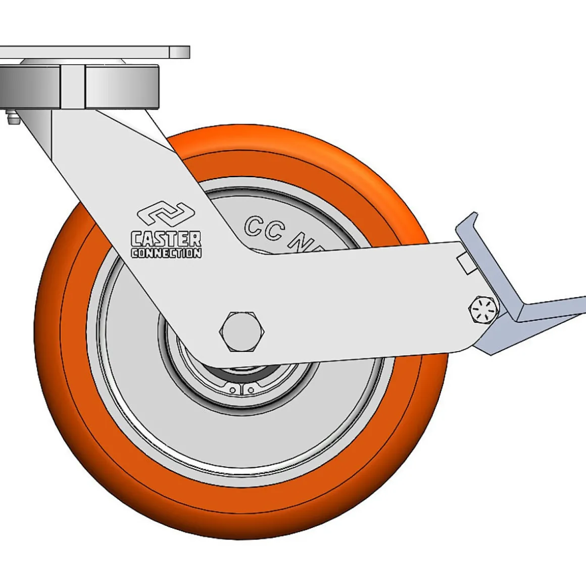 8" CC Nexus Kingpinless Swivel Caster with Extended Swivel Lead with Built-In Brake - 4" X 4-1/2" top plate